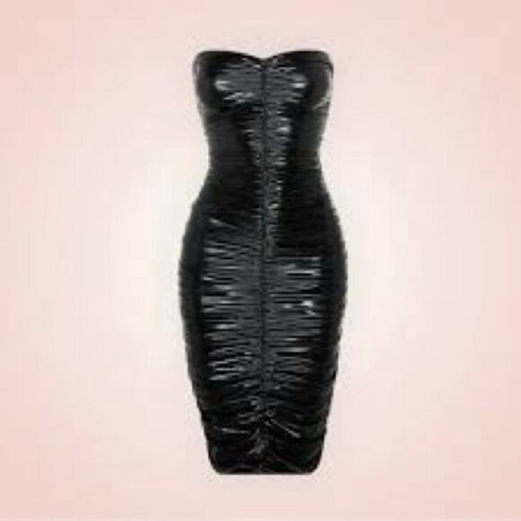 Leau Dresses & Skirts - LEAU Black Faux Leather Strapless Ruched Bodycon Club Party Dress XS